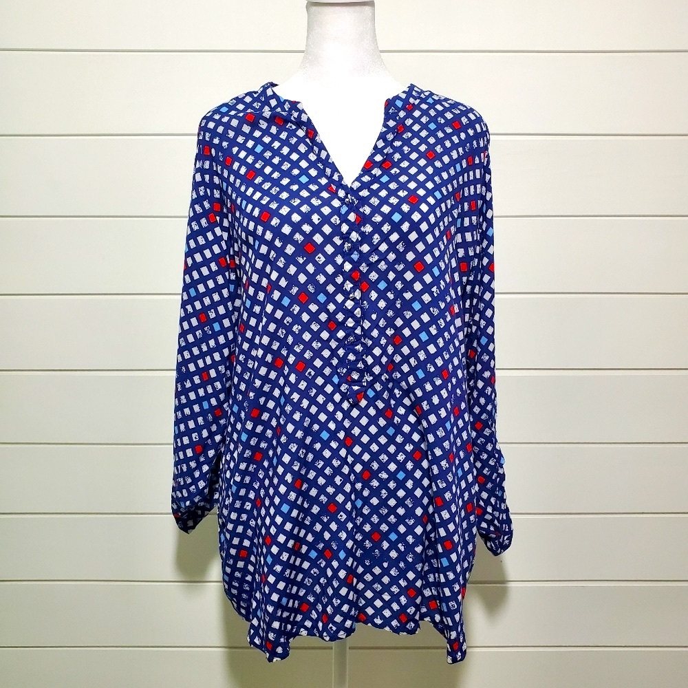 Grand & Greene Blouse Navy Blue Red White Lattice Print Roll Tab Cotton  Size XL